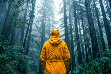 Misty Redwood Forest Adventure Person in Yellow Jacket Exploring Nature