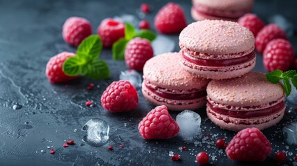 pink french macaroons with raspberries - studio food photography