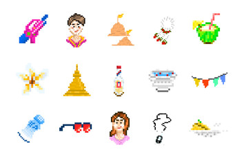 Songkran festival pixel art element mix set.