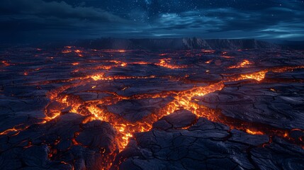A cracked land with glowing lava cracks on a starry night