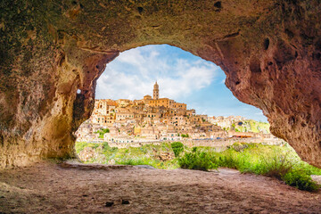 View of the ancient town of Matera, Sassi di Matera in Basilicata, southern Italy. grotto cave on...