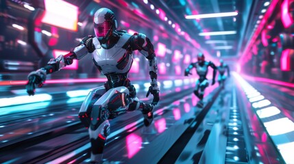 Picture a thrilling scene where sleek and agile robots compete in a high-speed race. Set against a backdrop of futuristic cityscapes and neon lights, these mechanical athletes zoom across the track wi