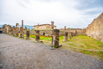 Ruins of Pompeii near Naples, Italy. Pompeii is an ancient Roman city. Mount Vesuvius. Panorama of abandoned street in Pompei.