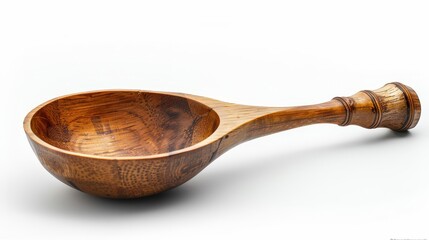 A wooden spoon with a curved handle