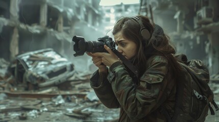 Professional female war press photographer wokring in a dystopian war zone