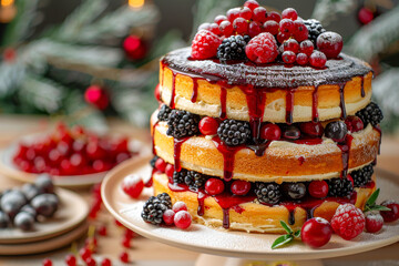 A tall cake with blackberries and raspberries on top