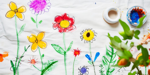 Child's drawing of flower with spring decorations on white sheet.