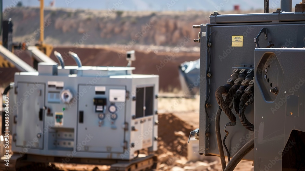 Poster close-up of a diesel generator in a remote construction site, providing necessary power where grid c