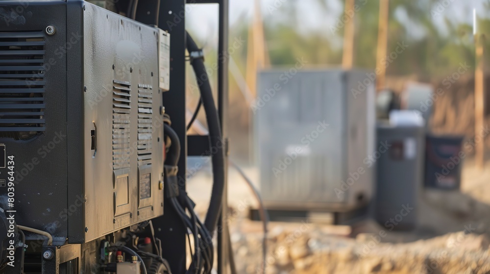 Poster close-up of a diesel generator in a remote construction site, providing necessary power where grid c