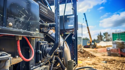 Close-up of a diesel generator in a remote construction site, providing necessary power where grid connections are not available.