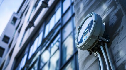Intense close-up of a smart meter on the side of an urban residential building, monitoring energy usage in real-time for efficiency.
