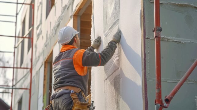 Construction worker installing styrofoam insulation sheets for thermal protection