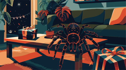 Tarantula and gift boxes on coffee table in living room