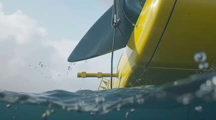 Close-up of a tidal turbine being lowered into the sea, showcasing the deployment of marine energy technology in ocean currents. 