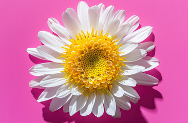 White and yellow daisy on pink background with shadow, flat lay photo with arrow