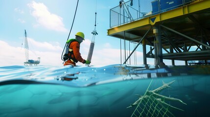 Detailed shot of a marine biologist assessing the environmental impact of an ocean energy project on local marine life. 