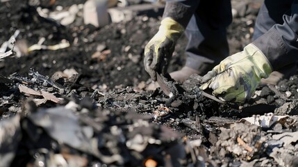 Fototapeta premium Close-up of a technician inspecting the ash residue from combusted waste, showcasing byproducts of waste to energy processes. 
