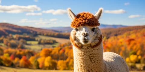 Naklejka premium A llama with a red hat stands in a field of autumn leaves