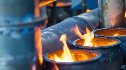 Macro view of refined syngas being produced from waste gasification, illustrating advanced thermal treatments for energy recovery. 