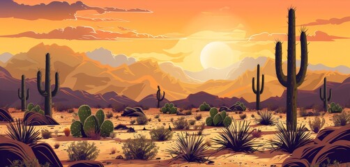 Peaceful desert landscape at sunset with cacti and mountains