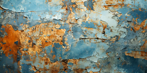 A blue and brown wall with peeling paint