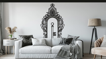 A mysterious keyhole with intricate details sketched in black on a white living room wall