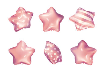 A set of pink star balloons with different angles and patterns