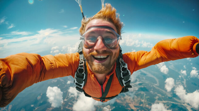 Young smiling redhead man jumping with a parachute. The pleasure and emotions of jumping in the sky and free falling. Sky diving