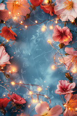 Beautiful fairy lights pattern with flowers around the frame with blank center for background