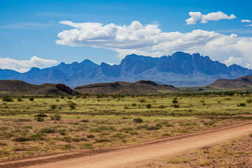 A desert landscape with a dirt road leading to a mountain