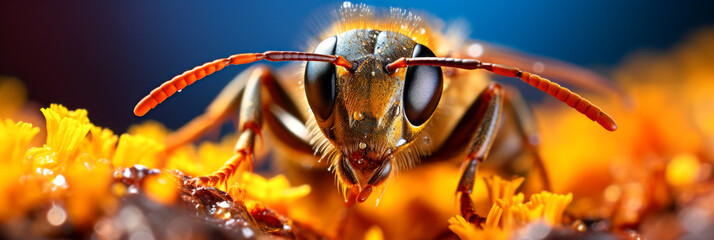 A close up of a bee's head on a yellow surface - Powered by Adobe