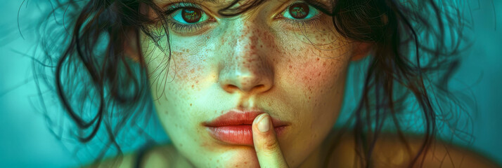 Mysterious Woman with Green Eyes and Freckles in Cinematic Lighting