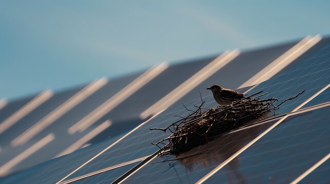 Close-up of a bird nesting near a solar panel field, illustrating the coexistence of wildlife and renewable energy installations. 