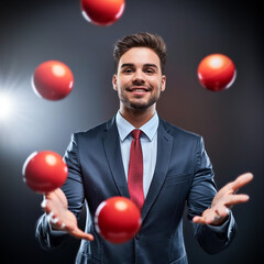 Close-up and front view of a Young beautiful smiling male businessman with jacket and tie, juggling with some red spheres on a dark background. Concept of business ability. Generative Ai.