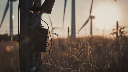 Close-up of a bat detector installed near a wind farm, used to monitor and protect bat populations affected by turbine operations.  - obrazy, fototapety, plakaty