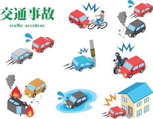 車両同士の交通事故のイラストセット2