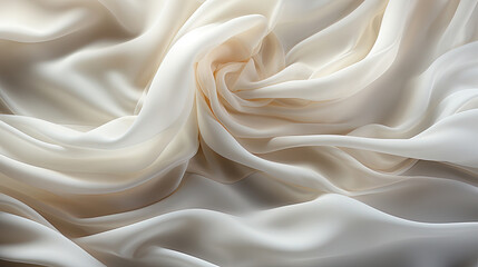 Fototapeta premium Contemporary Fluttering White Color Silk Fabric in Space With Delicate Folds on Bokeh Background