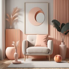  Peach fuzz trend color year 2024 in the luxury Livingroom. Painted mockup gray wall for art, peach apricot beige pastel chair color. Modern room design interior home. Accent premium lounge. 3d render