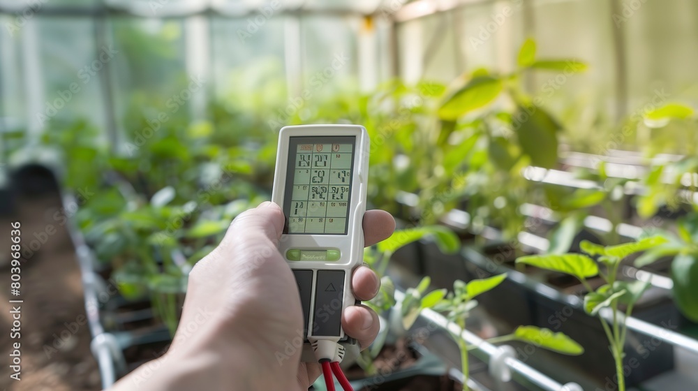 Poster macro shot of a handheld energy meter being used in a greenhouse to optimize energy consumption for 
