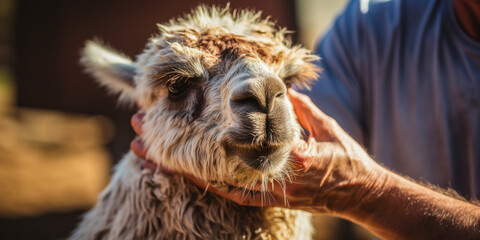 Obraz premium Gentle Hand Caressing a Fluffy Alpaca in Sunlight