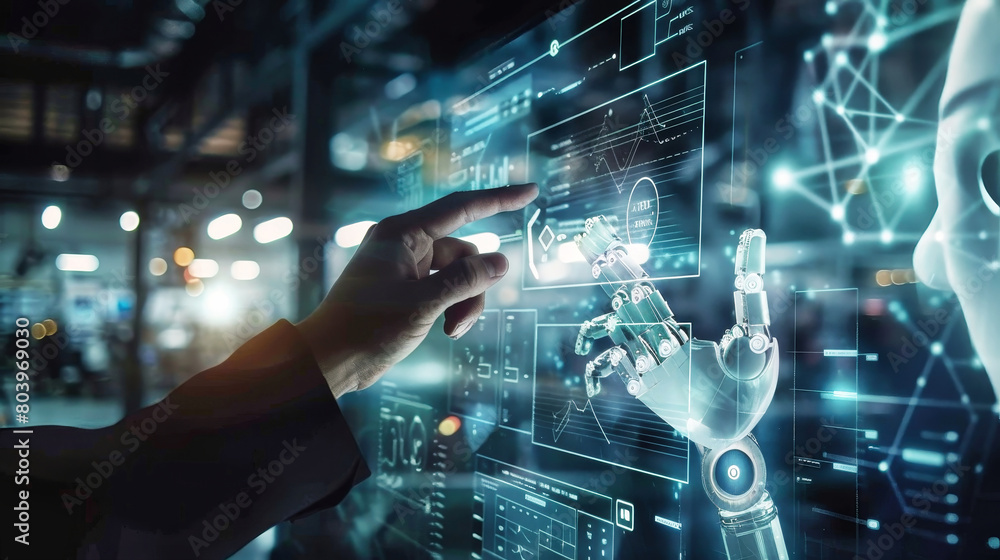 Poster a man in a sleek suit engaging with a futuristic digital interface, showcasing a dynamic interaction