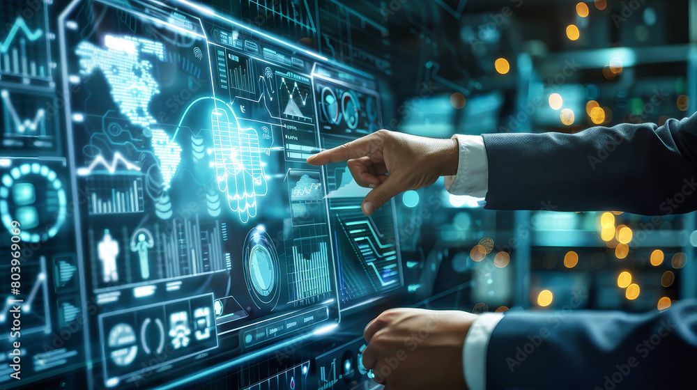 Poster a person energetically points at a screen brimming with a myriad of icons, engaging in a dynamic int