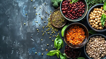 Assorted legumes and fresh herbs on dark rustic background