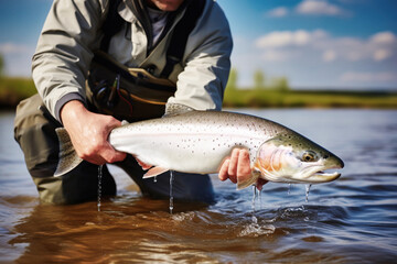 A man gracefully holds a lively fish in a serene body of water, capturing the beauty of the moment in natures embrace