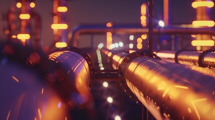 Close-up of a refinery pipeline at night, illuminated by lights, focusing on the processing of oil and gas.