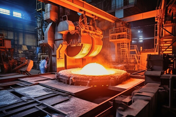 A bustling metallurgical plant with towering steel structures and machinery in full operation, creating a symphony of industry