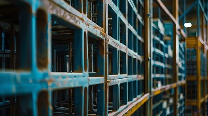 Industrial metal shelving in a dimly lit warehouse