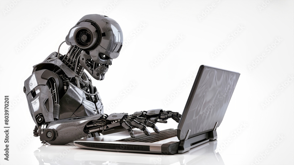 Aufkleber a robot perched atop a laptop, showing the world of artificial intelligence and technology intertwin