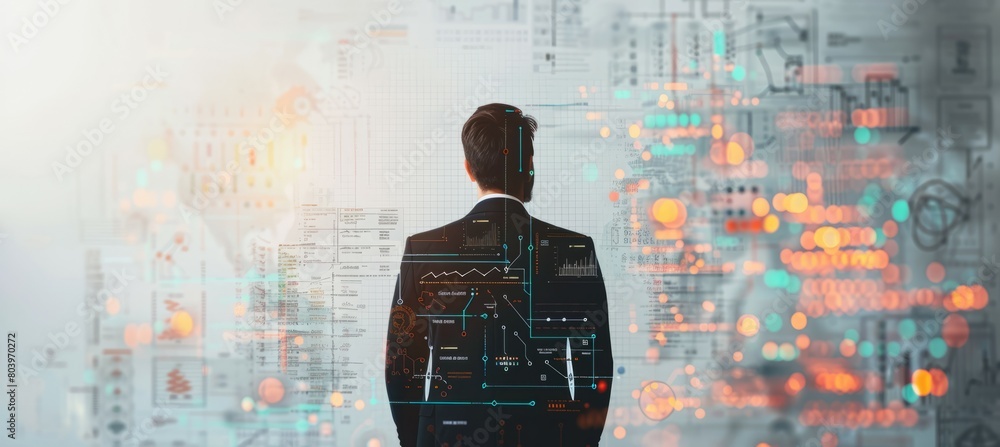 Aufkleber back view businessman double exposure with economy data. generative ai technology.