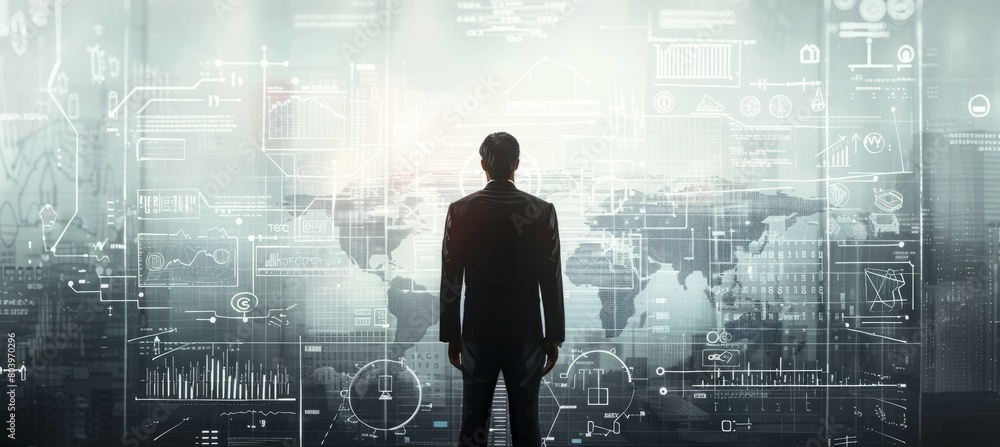 Poster Businessman looking to economy chart statistic data  on large screen. Generative AI technology.	
